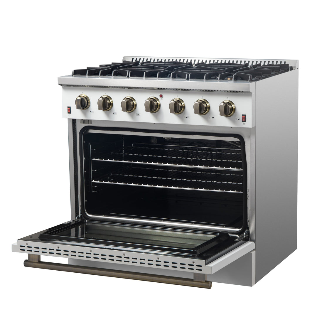 Forno Galiano 36-inch Freestanding Gas Range in White with Antique Brass Design, 6 Burners, 83,000 BTU, 5.36 cu.ft. Convection Oven