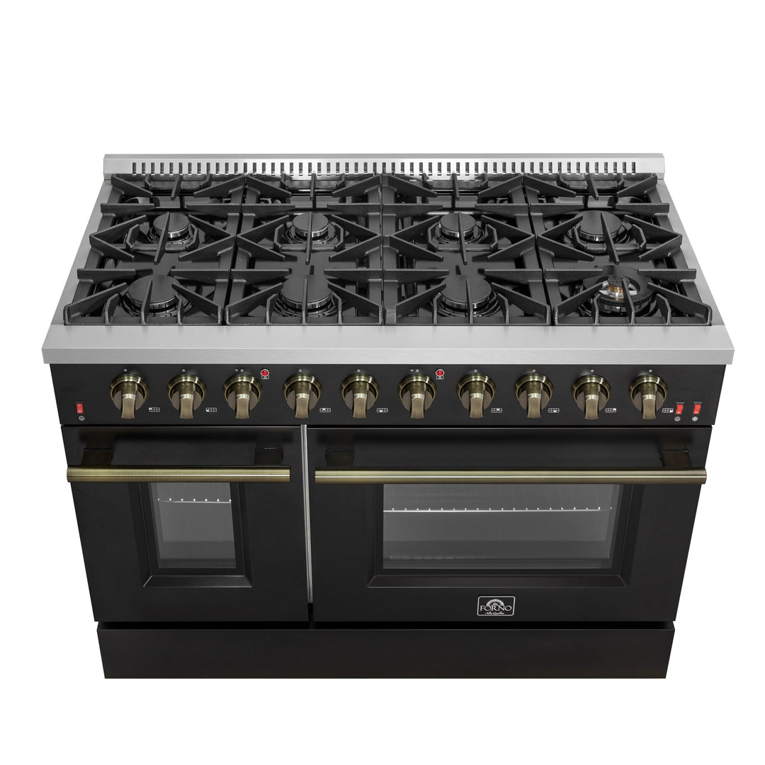 FORNO Galiano 48-inch Gas Range Black &amp; Antique Brass Design, 8 Burners, 107,000 BTU, Griddle, 6.58 cu.ft. Double Ovens