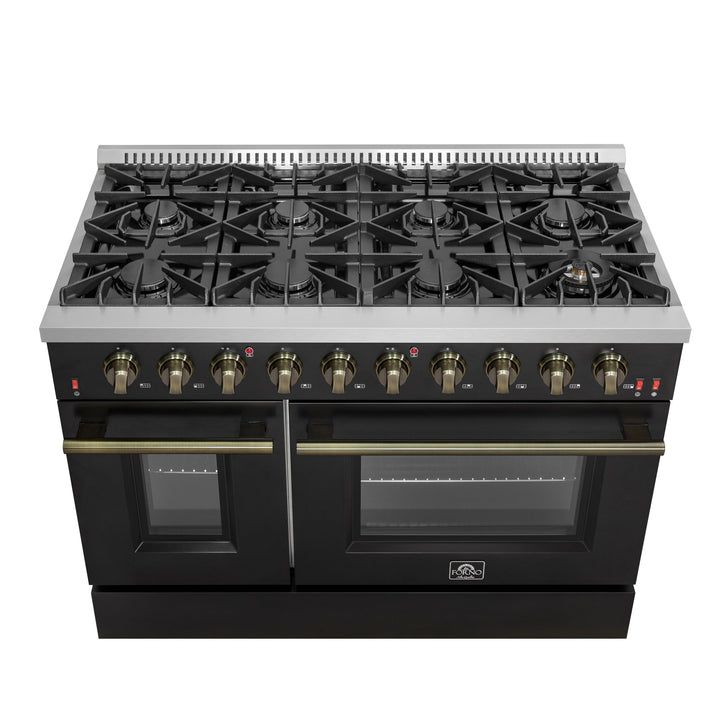 FORNO Galiano 48-inch Gas Range Black &amp; Antique Brass Design, 8 Burners, 107,000 BTU, Griddle, 6.58 cu.ft. Double Ovens