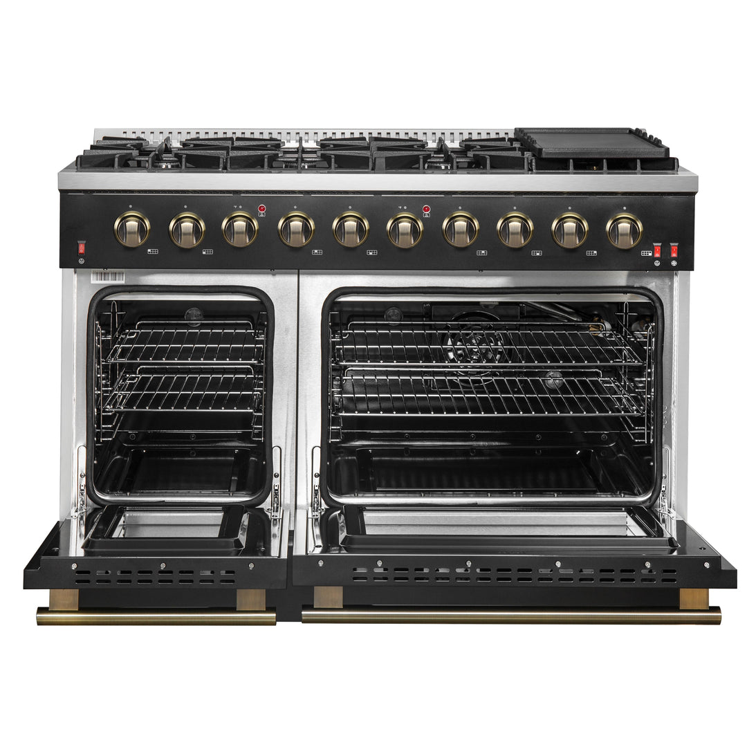 FORNO Galiano 48-inch Gas Range Black &amp; Antique Brass Design, 8 Burners, 107,000 BTU, Griddle, 6.58 cu.ft. Double Ovens