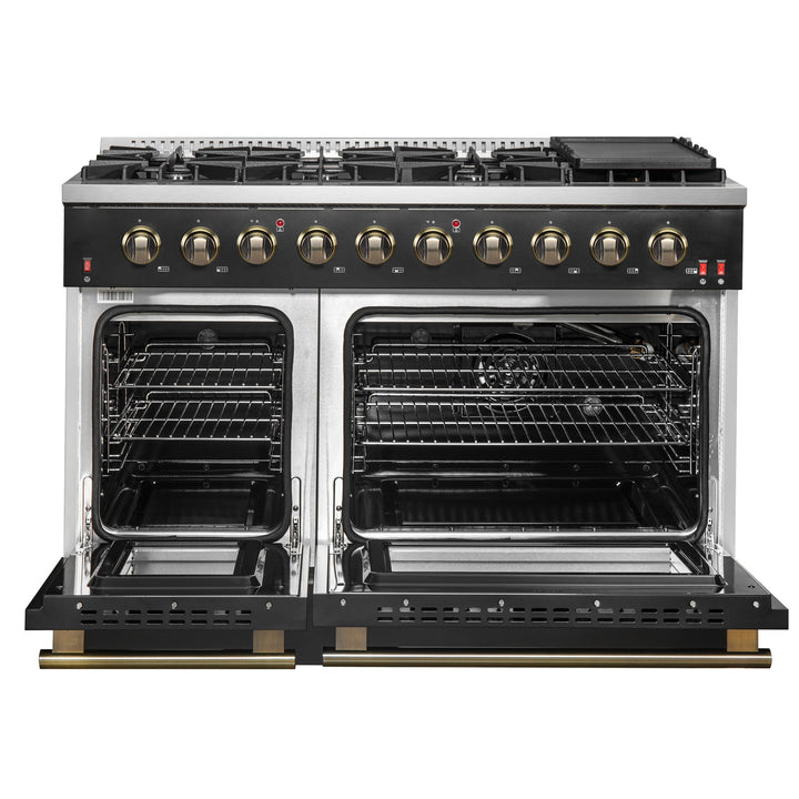 FORNO Galiano 48-inch Gas Range Black &amp; Antique Brass Design, 8 Burners, 107,000 BTU, Griddle, 6.58 cu.ft. Double Ovens