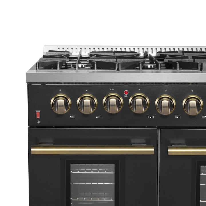 FORNO Galiano 48-inch Gas Range Black &amp; Antique Brass Design, 8 Burners, 107,000 BTU, Griddle, 6.58 cu.ft. Double Ovens
