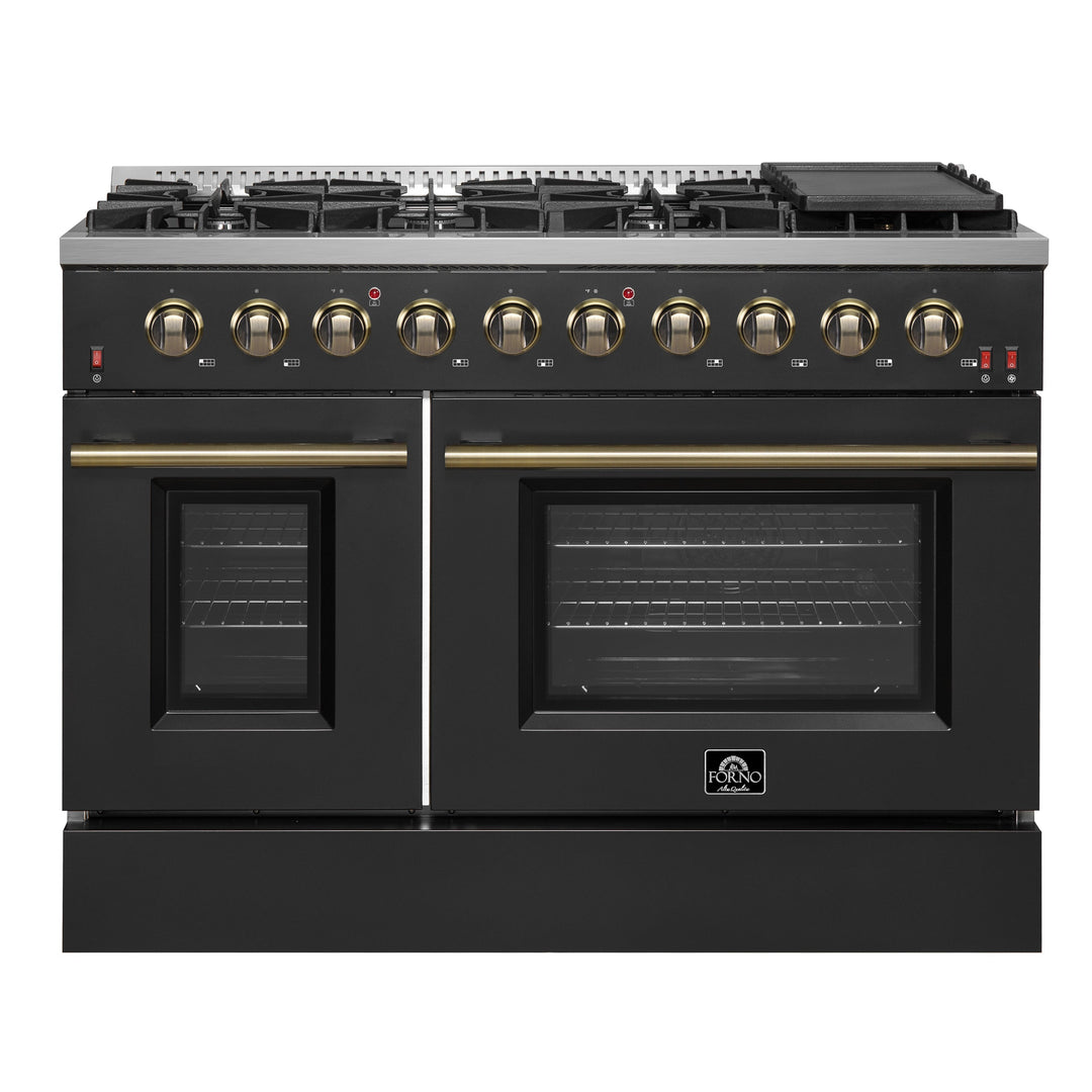 FORNO Galiano 48-inch Gas Range Black &amp; Antique Brass Design, 8 Burners, 107,000 BTU, Griddle, 6.58 cu.ft. Double Ovens