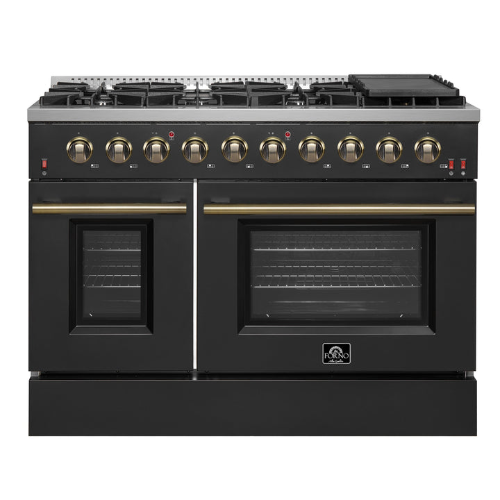 FORNO Galiano 48-inch Gas Range Black &amp; Antique Brass Design, 8 Burners, 107,000 BTU, Griddle, 6.58 cu.ft. Double Ovens