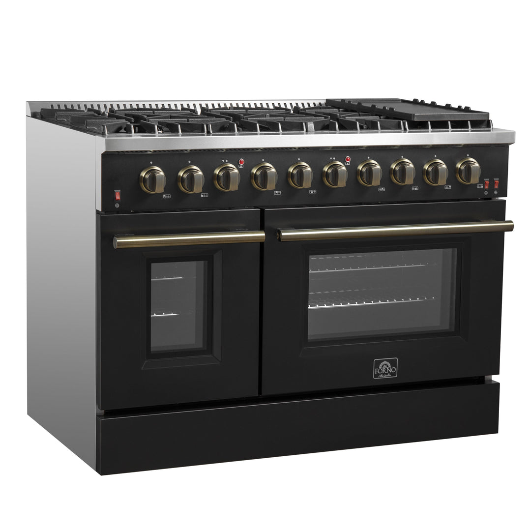 FORNO Galiano 48-inch Gas Range Black &amp; Antique Brass Design, 8 Burners, 107,000 BTU, Griddle, 6.58 cu.ft. Double Ovens