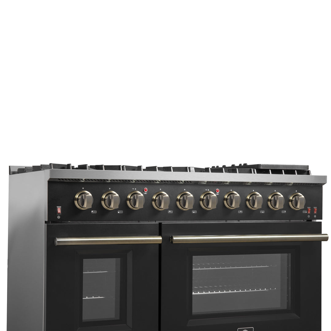 FORNO Galiano 48-inch Gas Range Black &amp; Antique Brass Design, 8 Burners, 107,000 BTU, Griddle, 6.58 cu.ft. Double Ovens