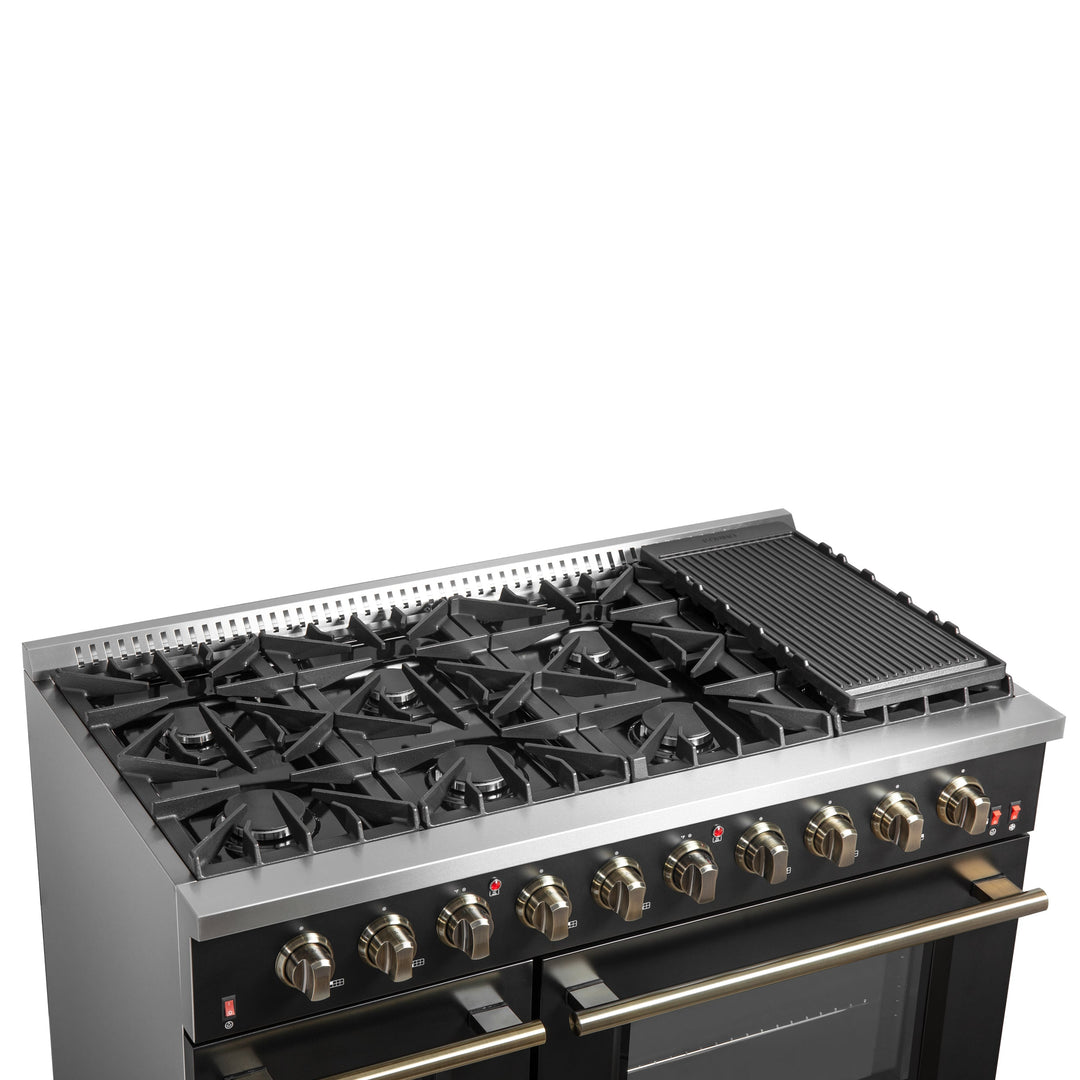 FORNO Galiano 48-inch Gas Range Black &amp; Antique Brass Design, 8 Burners, 107,000 BTU, Griddle, 6.58 cu.ft. Double Ovens