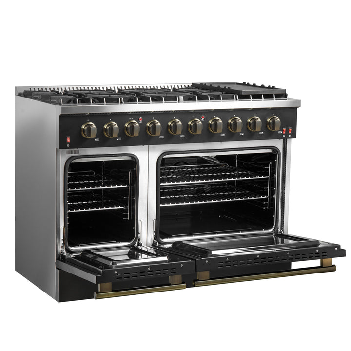 FORNO Galiano 48-inch Gas Range Black &amp; Antique Brass Design, 8 Burners, 107,000 BTU, Griddle, 6.58 cu.ft. Double Ovens