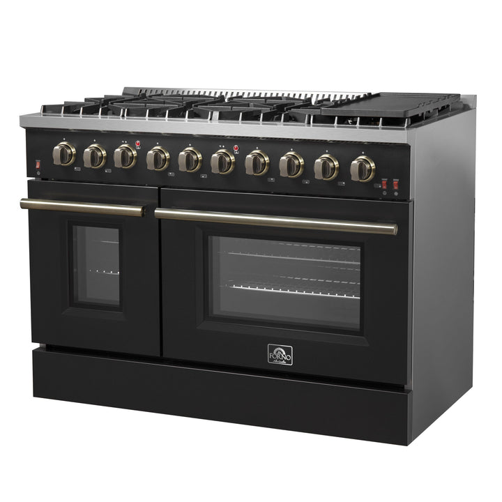 FORNO Galiano 48-inch Gas Range Black &amp; Antique Brass Design, 8 Burners, 107,000 BTU, Griddle, 6.58 cu.ft. Double Ovens