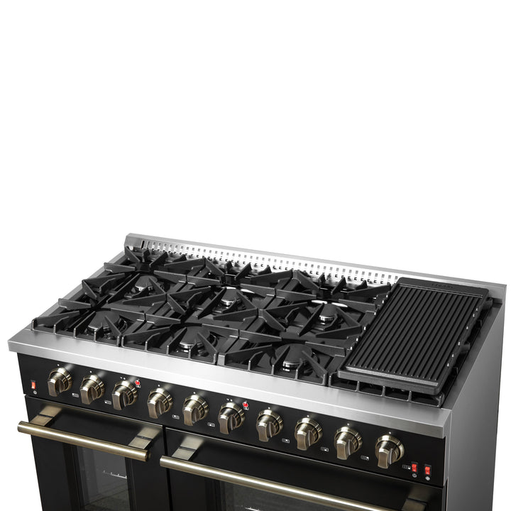 FORNO Galiano 48-inch Gas Range Black &amp; Antique Brass Design, 8 Burners, 107,000 BTU, Griddle, 6.58 cu.ft. Double Ovens