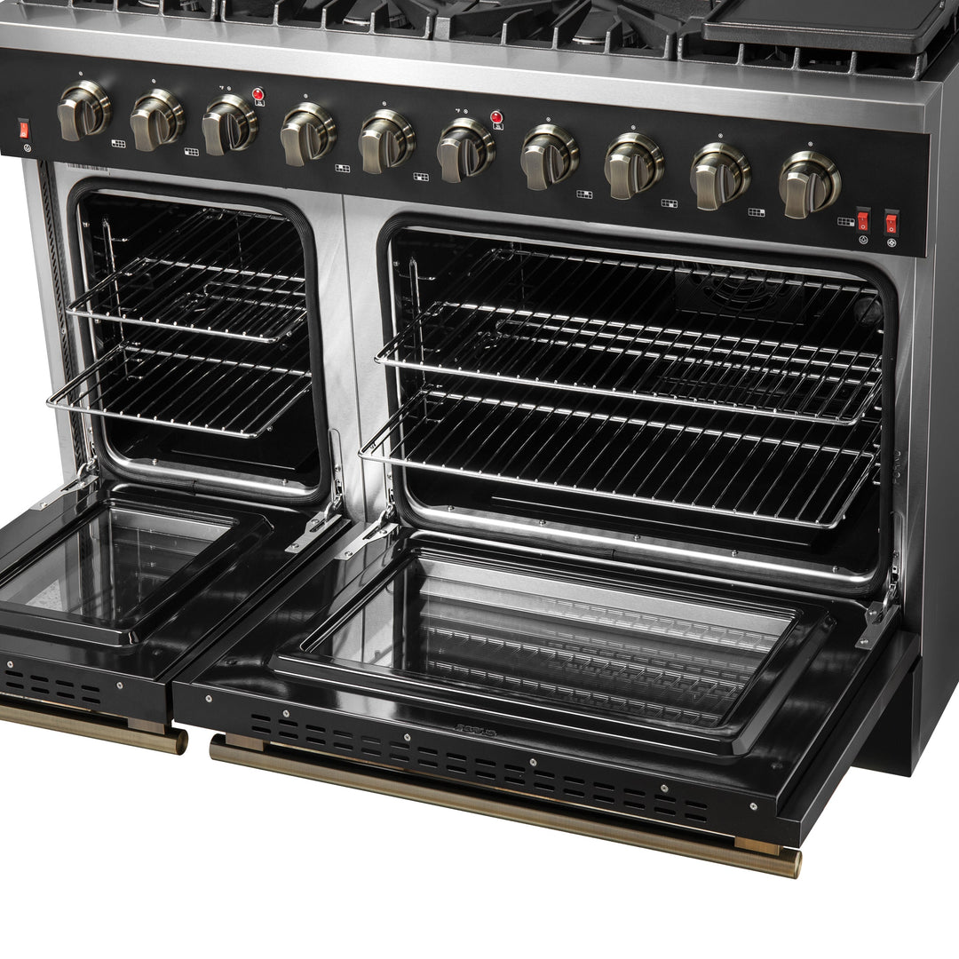 FORNO Galiano 48-inch Gas Range Black &amp; Antique Brass Design, 8 Burners, 107,000 BTU, Griddle, 6.58 cu.ft. Double Ovens