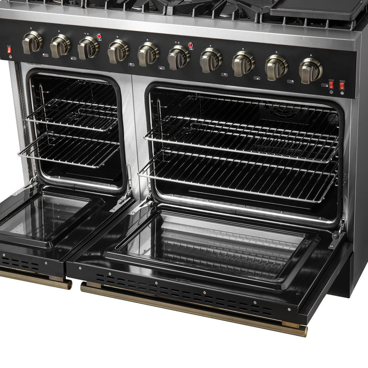 FORNO Galiano 48-inch Gas Range Black &amp; Antique Brass Design, 8 Burners, 107,000 BTU, Griddle, 6.58 cu.ft. Double Ovens