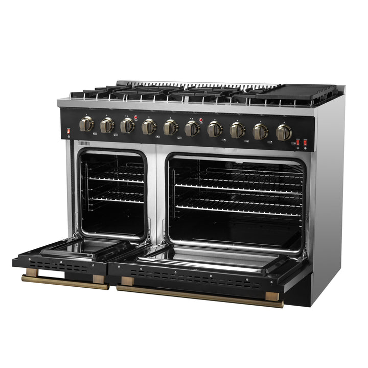 FORNO Galiano 48-inch Gas Range Black &amp; Antique Brass Design, 8 Burners, 107,000 BTU, Griddle, 6.58 cu.ft. Double Ovens