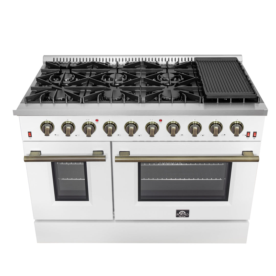 FORNO Galiano 48-inch Gas Range White &amp; Antique Brass Design, 8 Burners, 107,000 BTU, Griddle, 6.58 cu.ft. Double Ovens