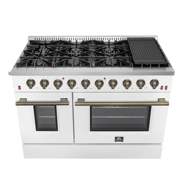 FORNO Galiano 48-inch Gas Range White &amp; Antique Brass Design, 8 Burners, 107,000 BTU, Griddle, 6.58 cu.ft. Double Ovens