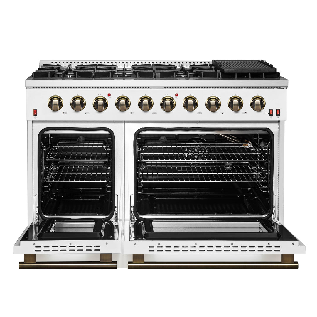 FORNO Galiano 48-inch Gas Range White &amp; Antique Brass Design, 8 Burners, 107,000 BTU, Griddle, 6.58 cu.ft. Double Ovens