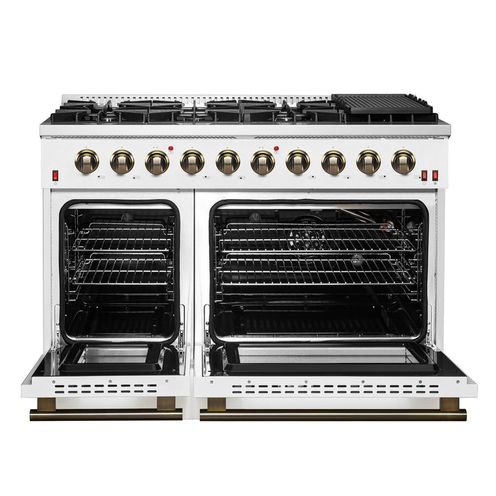 FORNO Galiano 48-inch Gas Range White &amp; Antique Brass Design, 8 Burners, 107,000 BTU, Griddle, 6.58 cu.ft. Double Ovens