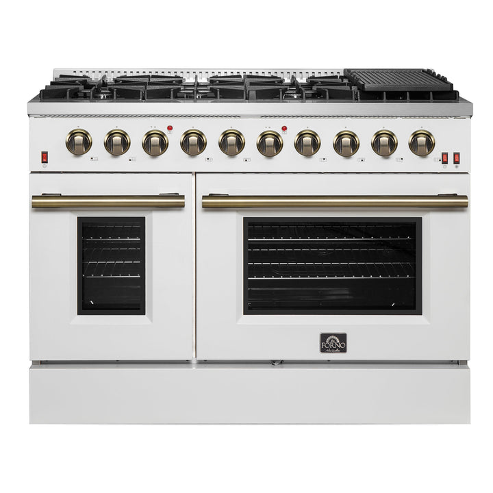 FORNO Galiano 48-inch Gas Range White &amp; Antique Brass Design, 8 Burners, 107,000 BTU, Griddle, 6.58 cu.ft. Double Ovens