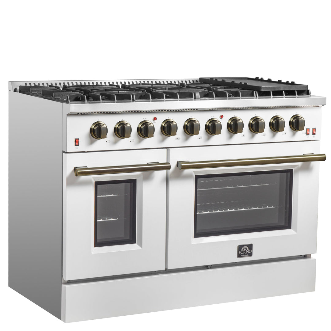 FORNO Galiano 48-inch Gas Range White &amp; Antique Brass Design, 8 Burners, 107,000 BTU, Griddle, 6.58 cu.ft. Double Ovens