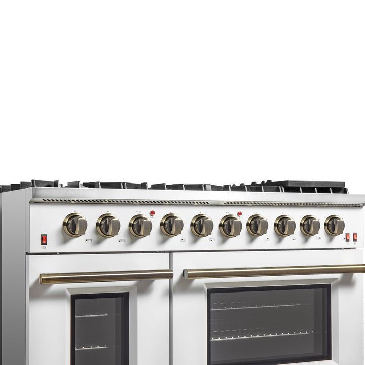 FORNO Galiano 48-inch Gas Range White &amp; Antique Brass Design, 8 Burners, 107,000 BTU, Griddle, 6.58 cu.ft. Double Ovens