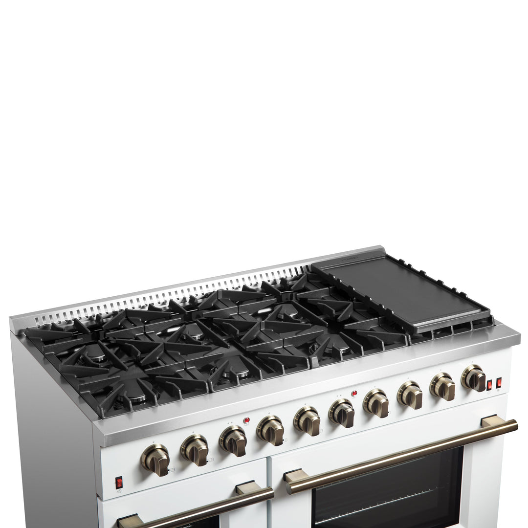 FORNO Galiano 48-inch Gas Range White &amp; Antique Brass Design, 8 Burners, 107,000 BTU, Griddle, 6.58 cu.ft. Double Ovens