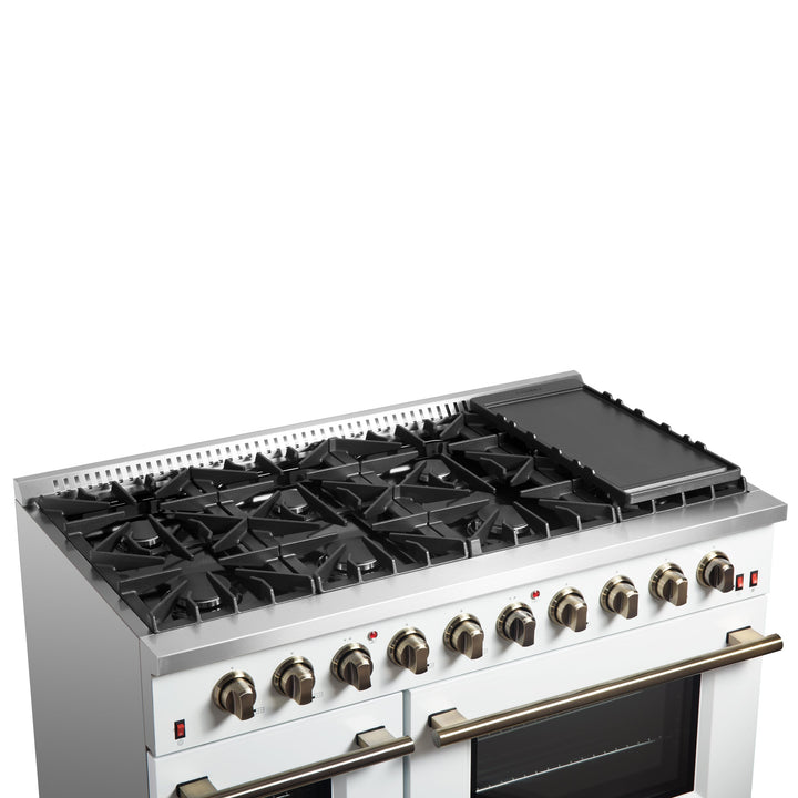 FORNO Galiano 48-inch Gas Range White &amp; Antique Brass Design, 8 Burners, 107,000 BTU, Griddle, 6.58 cu.ft. Double Ovens