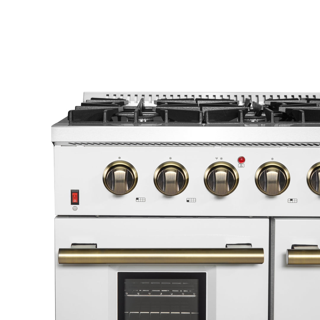 FORNO Galiano 48-inch Gas Range White &amp; Antique Brass Design, 8 Burners, 107,000 BTU, Griddle, 6.58 cu.ft. Double Ovens