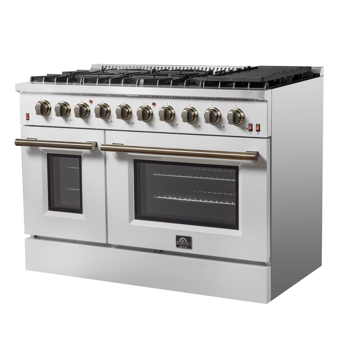 FORNO Galiano 48-inch Gas Range White &amp; Antique Brass Design, 8 Burners, 107,000 BTU, Griddle, 6.58 cu.ft. Double Ovens