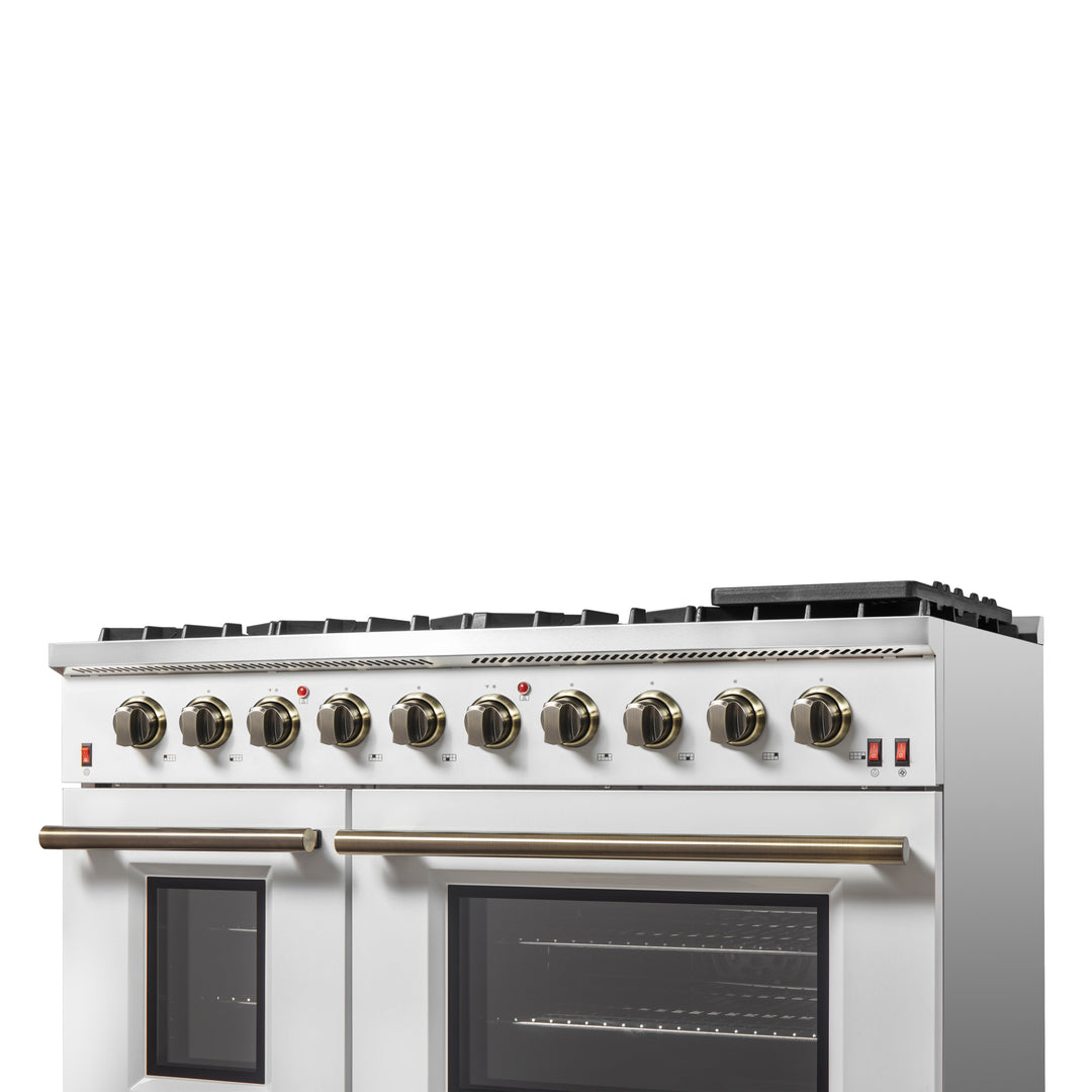 FORNO Galiano 48-inch Gas Range White &amp; Antique Brass Design, 8 Burners, 107,000 BTU, Griddle, 6.58 cu.ft. Double Ovens