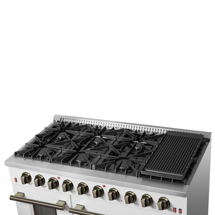 FORNO Galiano 48-inch Gas Range White &amp; Antique Brass Design, 8 Burners, 107,000 BTU, Griddle, 6.58 cu.ft. Double Ovens