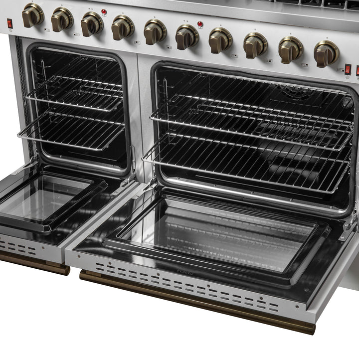 FORNO Galiano 48-inch Gas Range White &amp; Antique Brass Design, 8 Burners, 107,000 BTU, Griddle, 6.58 cu.ft. Double Ovens