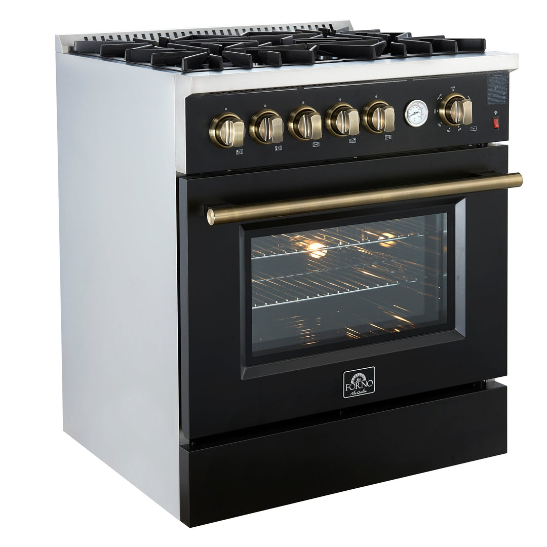 Giovanni 30-inch Gas Range Black &amp; Antique Brass Design, 5 Burners 67,000 BTU, 4.32 cu.ft. Convection Oven