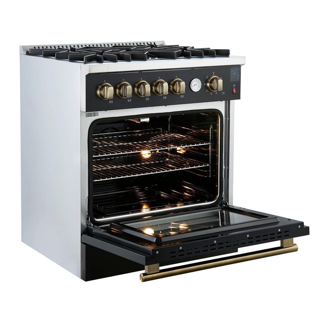 Giovanni 30-inch Gas Range Black &amp; Antique Brass Design, 5 Burners 67,000 BTU, 4.32 cu.ft. Convection Oven