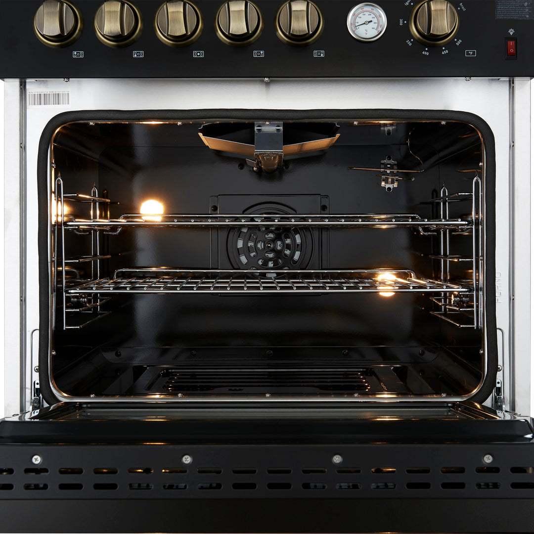 Giovanni 30-inch Gas Range Black &amp; Antique Brass Design, 5 Burners 67,000 BTU, 4.32 cu.ft. Convection Oven