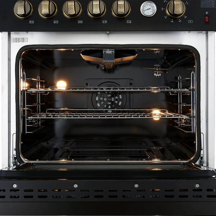 Giovanni 30-inch Gas Range Black &amp; Antique Brass Design, 5 Burners 67,000 BTU, 4.32 cu.ft. Convection Oven