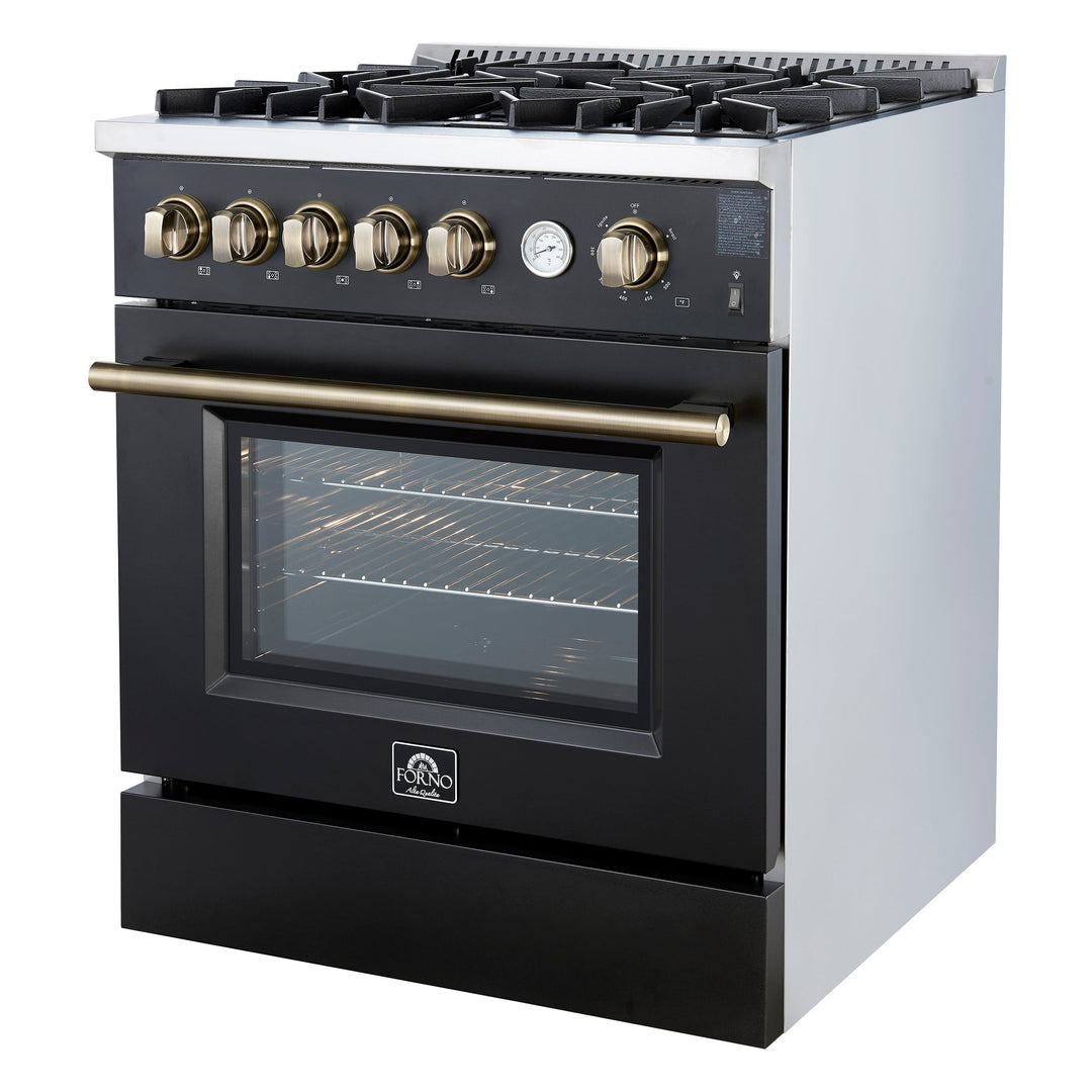 Giovanni 30-inch Gas Range Black &amp; Antique Brass Design, 5 Burners 67,000 BTU, 4.32 cu.ft. Convection Oven