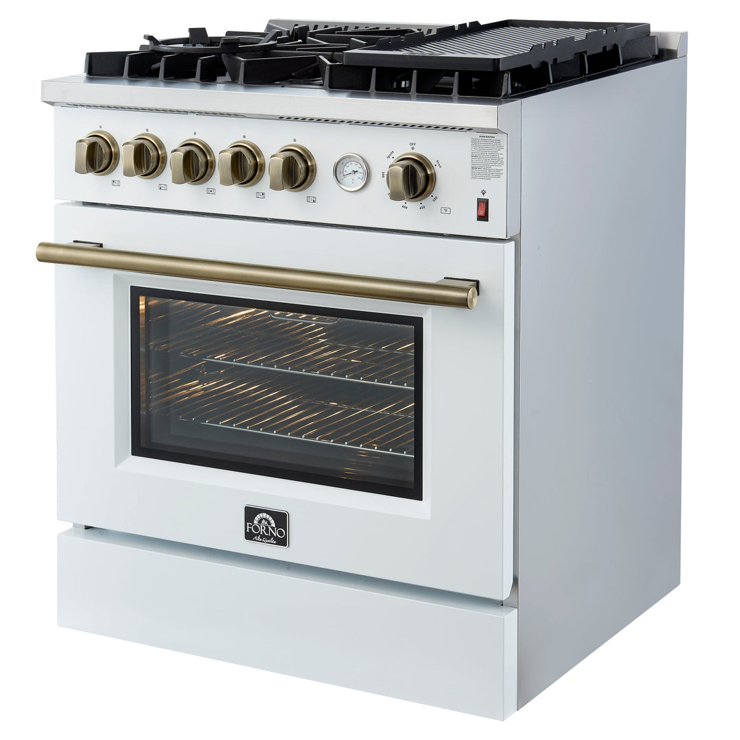 Giovanni 30-inch Gas Range White &amp; Antique Brass Design, 5 Burners 67,000 BTU, 4.32 cu.ft. Convection Oven