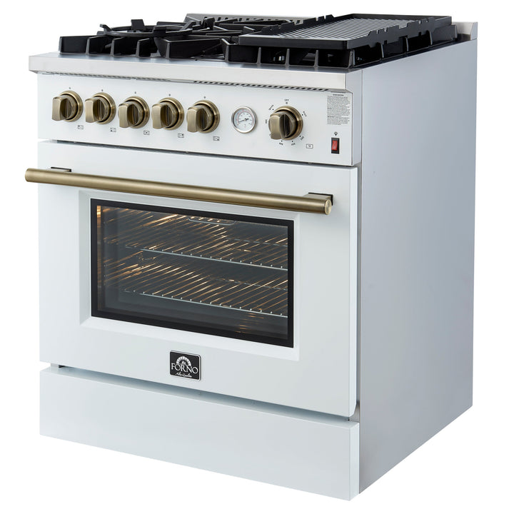 Giovanni 30-inch Gas Range White &amp; Antique Brass Design, 5 Burners 67,000 BTU, 4.32 cu.ft. Convection Oven