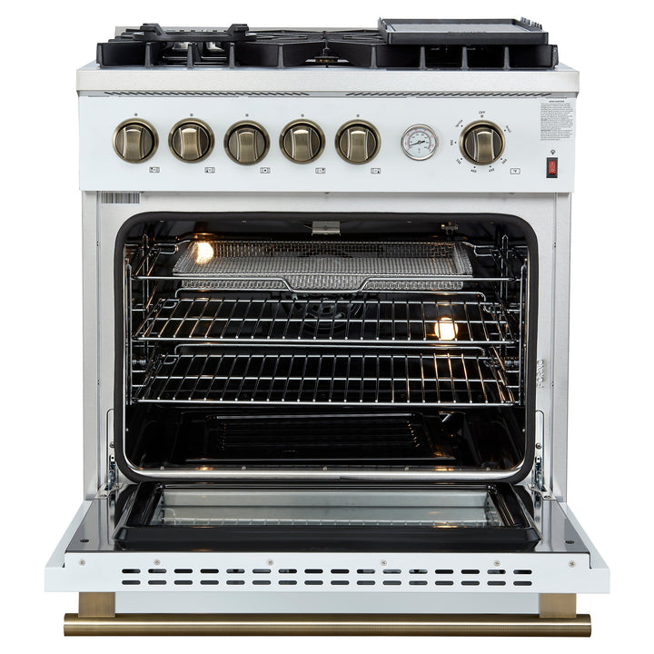 Giovanni 30-inch Gas Range White &amp; Antique Brass Design, 5 Burners 67,000 BTU, 4.32 cu.ft. Convection Oven