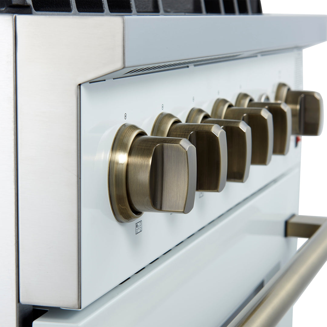 Giovanni 30-inch Gas Range White &amp; Antique Brass Design, 5 Burners 67,000 BTU, 4.32 cu.ft. Convection Oven