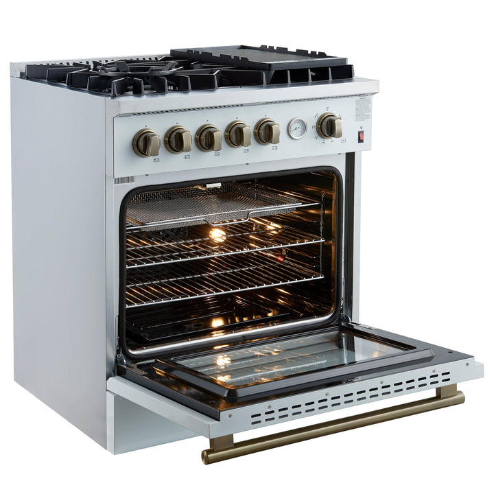 Giovanni 30-inch Gas Range White &amp; Antique Brass Design, 5 Burners 67,000 BTU, 4.32 cu.ft. Convection Oven