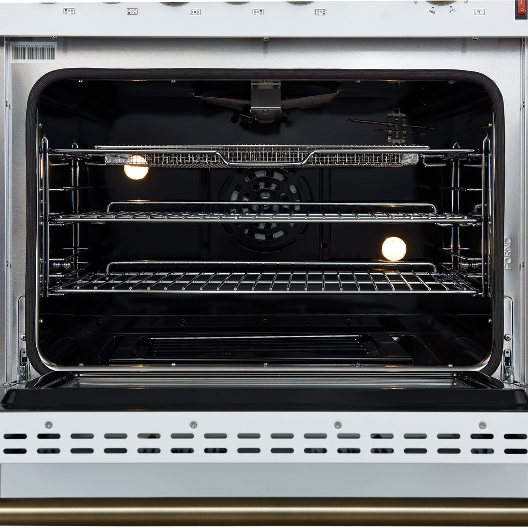 Giovanni 30-inch Gas Range White &amp; Antique Brass Design, 5 Burners 67,000 BTU, 4.32 cu.ft. Convection Oven