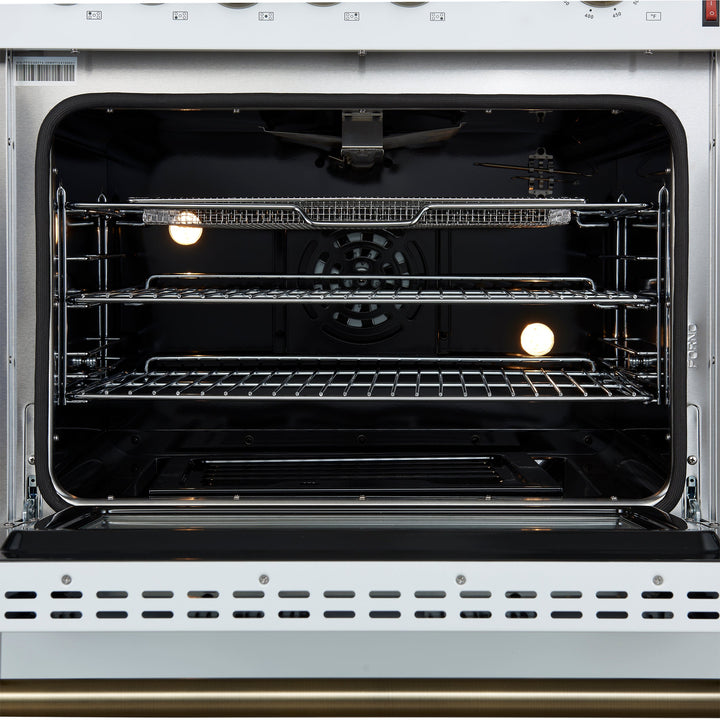 Giovanni 30-inch Gas Range White &amp; Antique Brass Design, 5 Burners 67,000 BTU, 4.32 cu.ft. Convection Oven