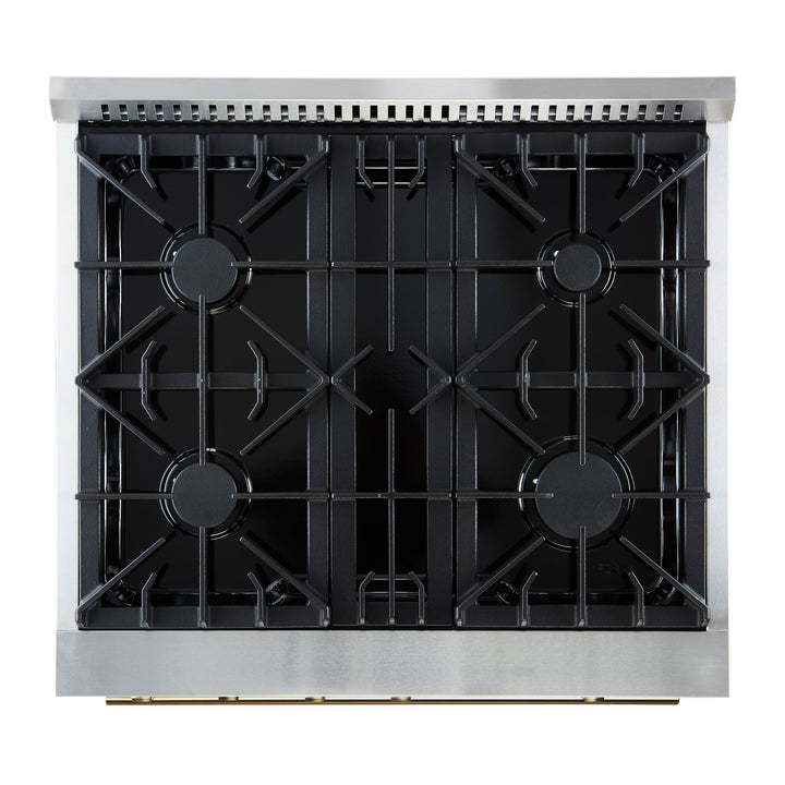 Marco 30-inch Gas Range White &amp; Antique Brass Design, 4 Burners 37,000 BTU, 4.32 cu.ft. Convection Oven