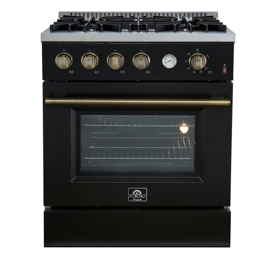 Marco 30-inch Gas Range Black &amp; Antique Brass Design, 4 Burners 37,000 BTU, 4.32 cu.ft. Convection Oven