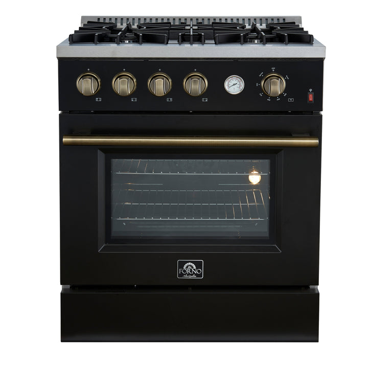 Marco 30-inch Gas Range Black &amp; Antique Brass Design, 4 Burners 37,000 BTU, 4.32 cu.ft. Convection Oven