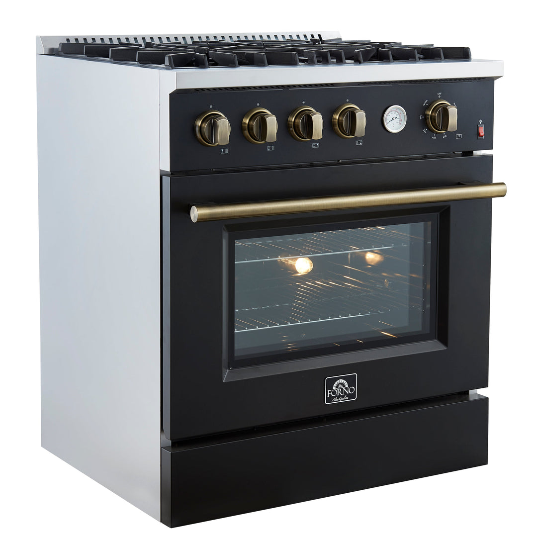 Marco 30-inch Gas Range Black &amp; Antique Brass Design, 4 Burners 37,000 BTU, 4.32 cu.ft. Convection Oven