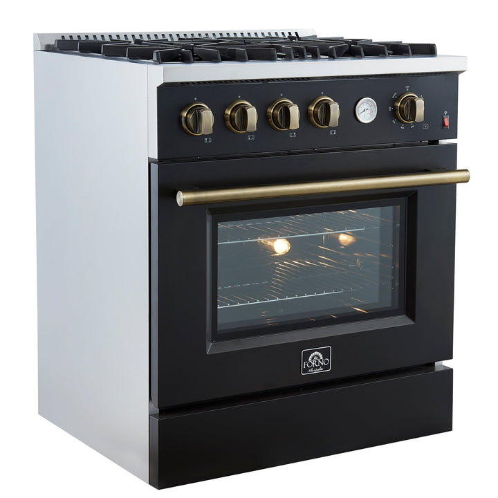 Marco 30-inch Gas Range Black &amp; Antique Brass Design, 4 Burners 37,000 BTU, 4.32 cu.ft. Convection Oven