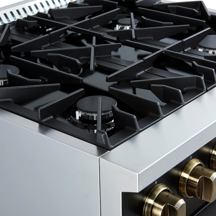 Marco 30-inch Gas Range Black &amp; Antique Brass Design, 4 Burners 37,000 BTU, 4.32 cu.ft. Convection Oven