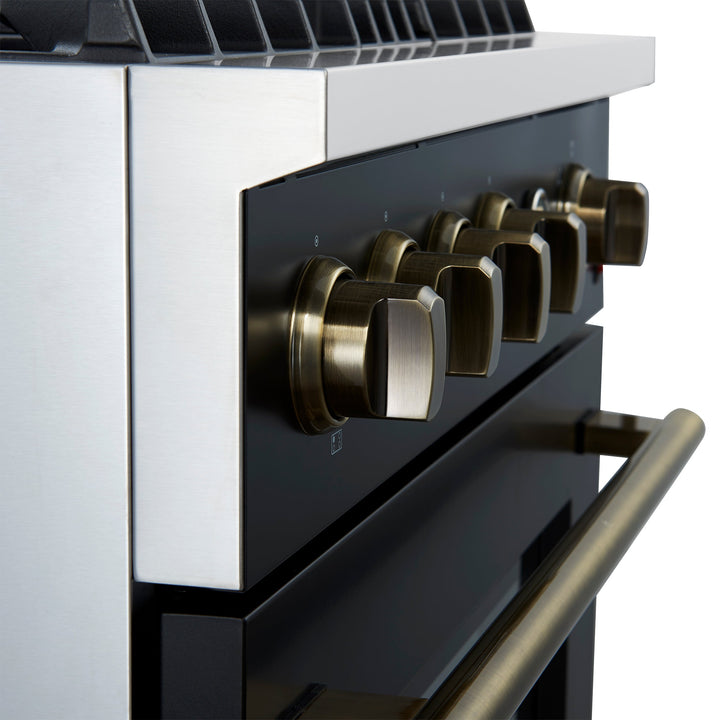 Marco 30-inch Gas Range Black &amp; Antique Brass Design, 4 Burners 37,000 BTU, 4.32 cu.ft. Convection Oven